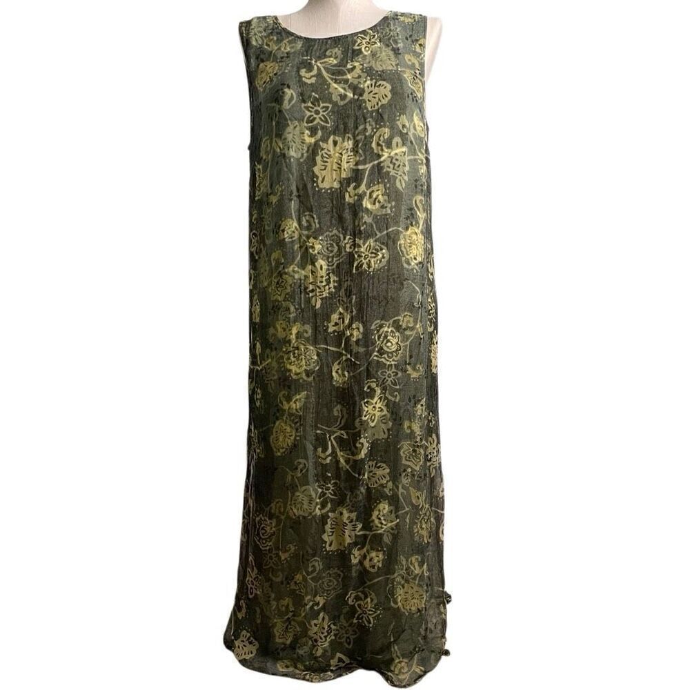 August Max Woman Sleevless Midi Dress 16W Green Sheer Floral Overlay Artsy Lagom